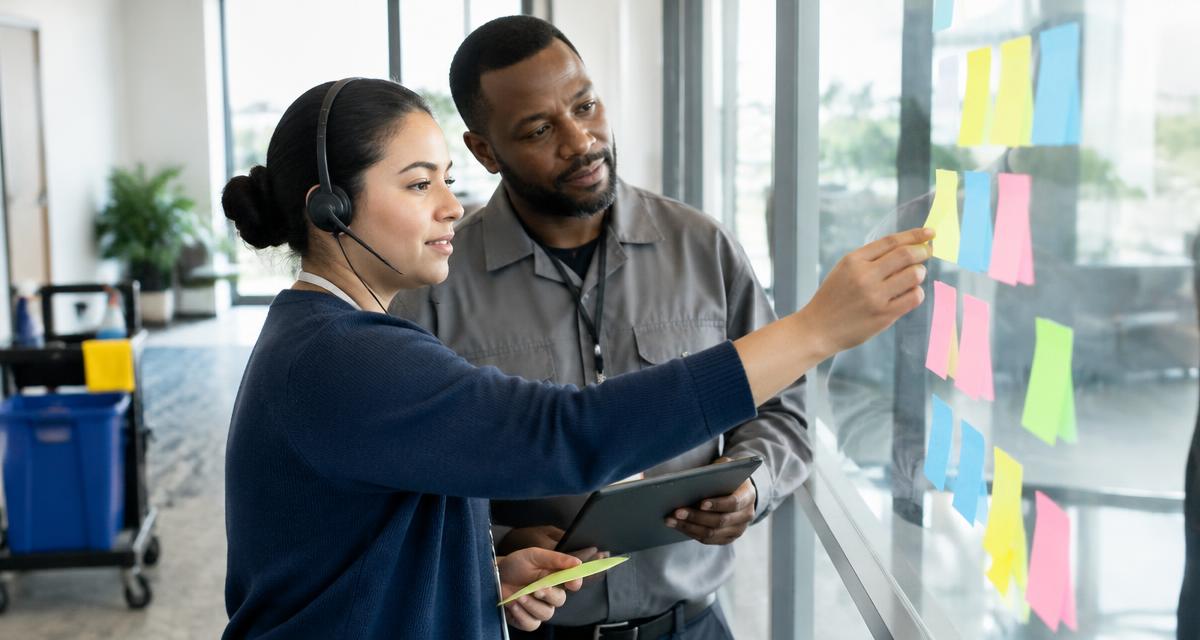 Responsable d’une entreprise de propreté échangeant sur les retours utilisateurs